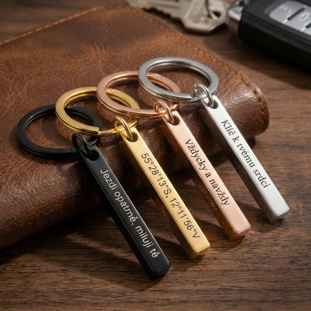 3D klíčenka z nerezové oceli s vlastním textem